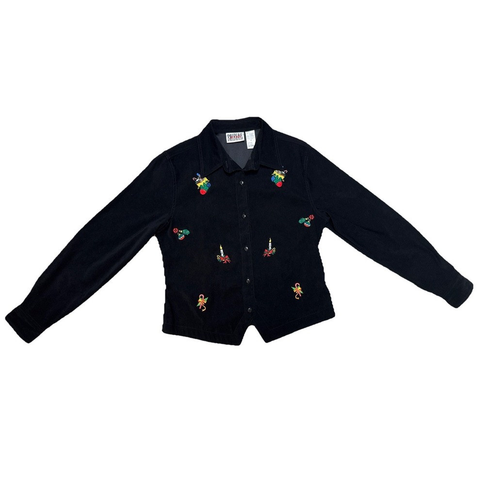 Vtg 90's‎ Y2K Embroidered Christmas Bill Blass Black Button Down Shirt  Blouse M
